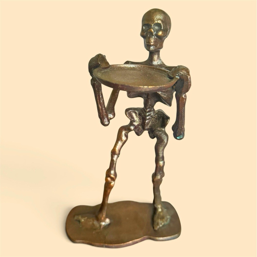 Vintage Style Cast Metal Skeleton Butler Waiter Serving Tray Goth Halloween 12"